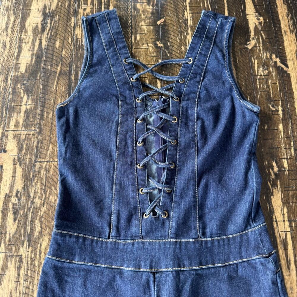MEBON - Blue Denim Lace-Up Stretch Fitted Jumpsuit - MEDIUM - Picture 3 of 17